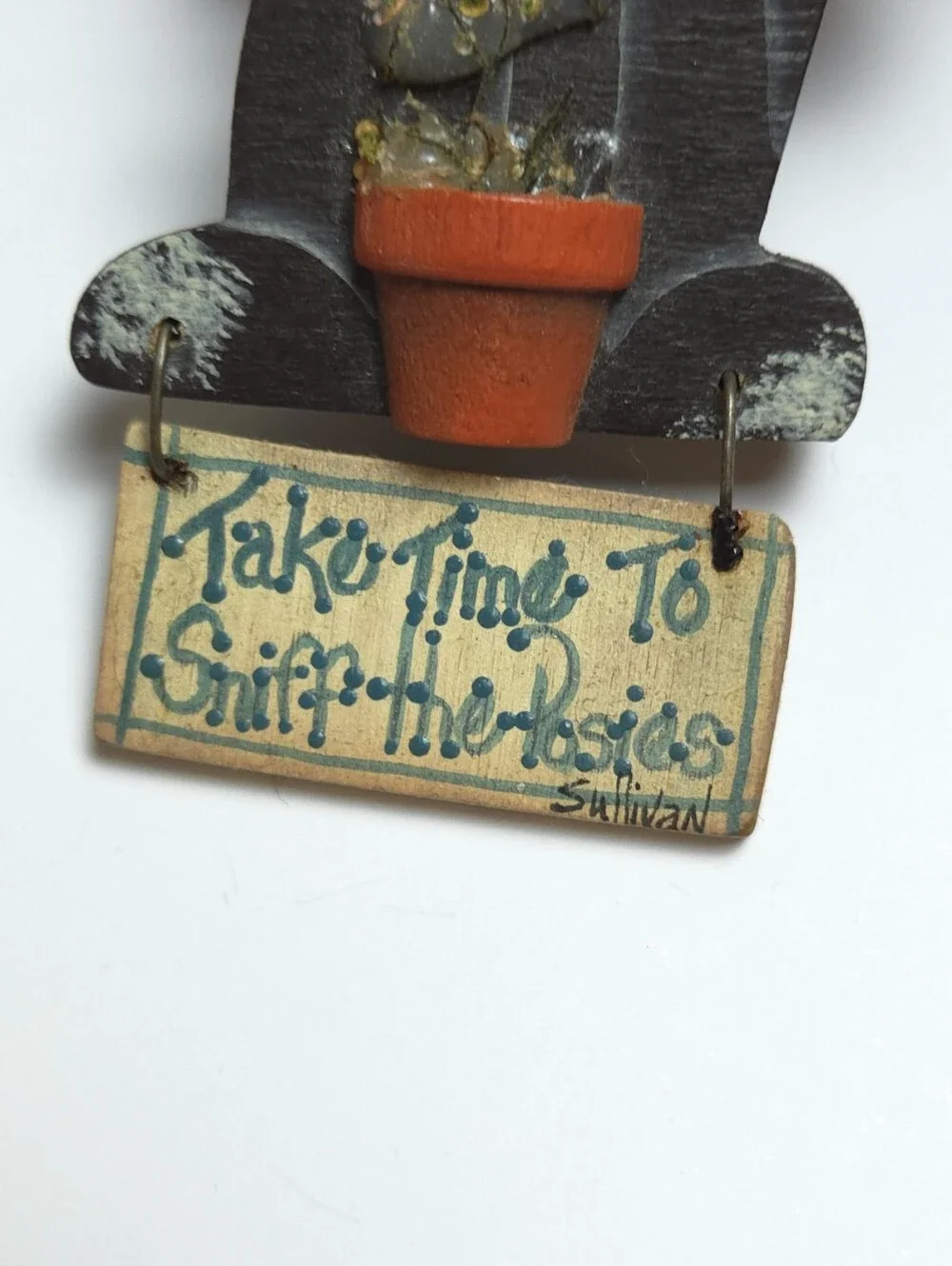 Handmade Wood Black Cat Bee & Flower Pot Take Time To Sniff the Rosies Sullivan